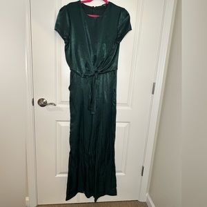 LuLus Let Me Entertain You Forest Green Satin Wide Leg Jumpsuit